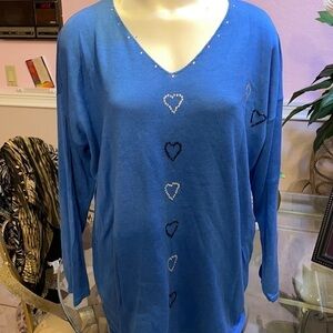 F California Style blue faux diamonds long sleeve knit top plus size 2X